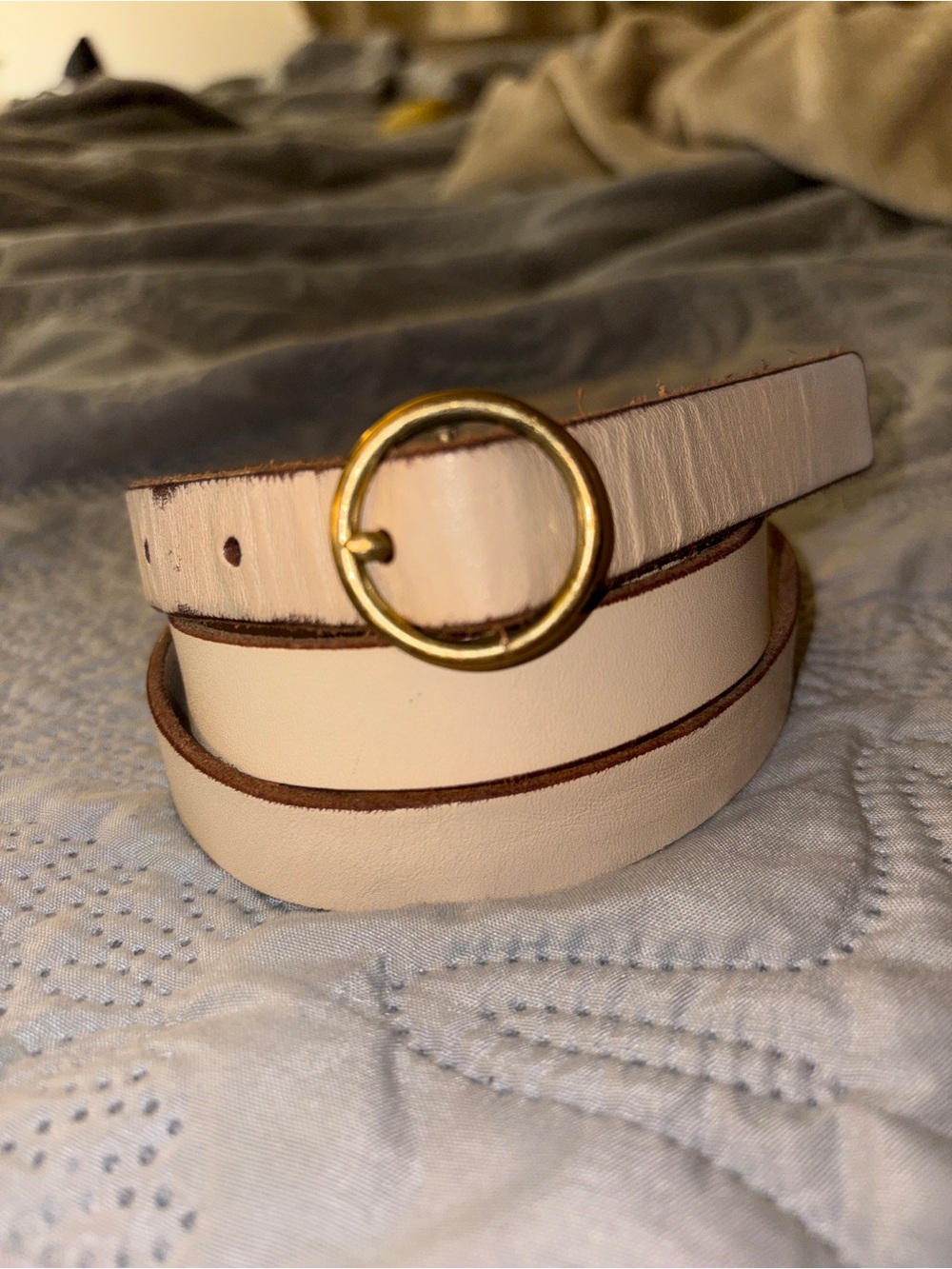 Thin Women's Cream Leather Belt with Gold Circle Buckle